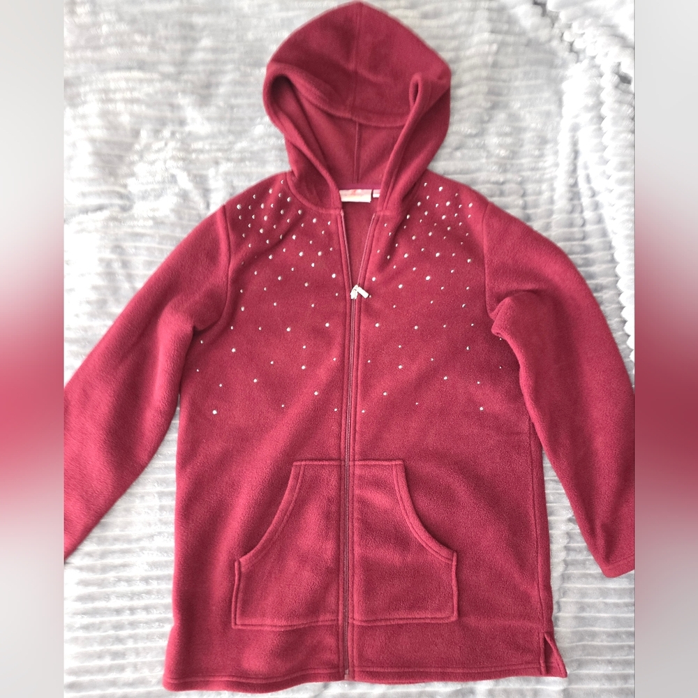 * Quacker Factory Rhinestone Full Zip Burgund Silver Trim Velvet Cardigan Small‎